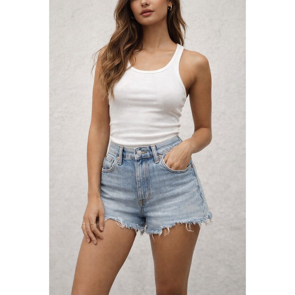 Y2K Light Wash High Rise Denim Shorts Frayed Hem Vintage 90s Fit 27